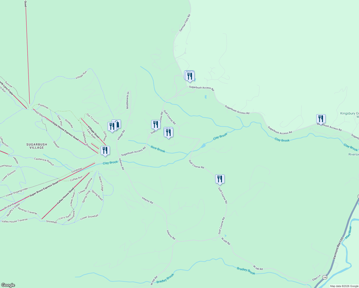 map of restaurants, bars, coffee shops, grocery stores, and more near 9 Sugarbush Access Road in Warren