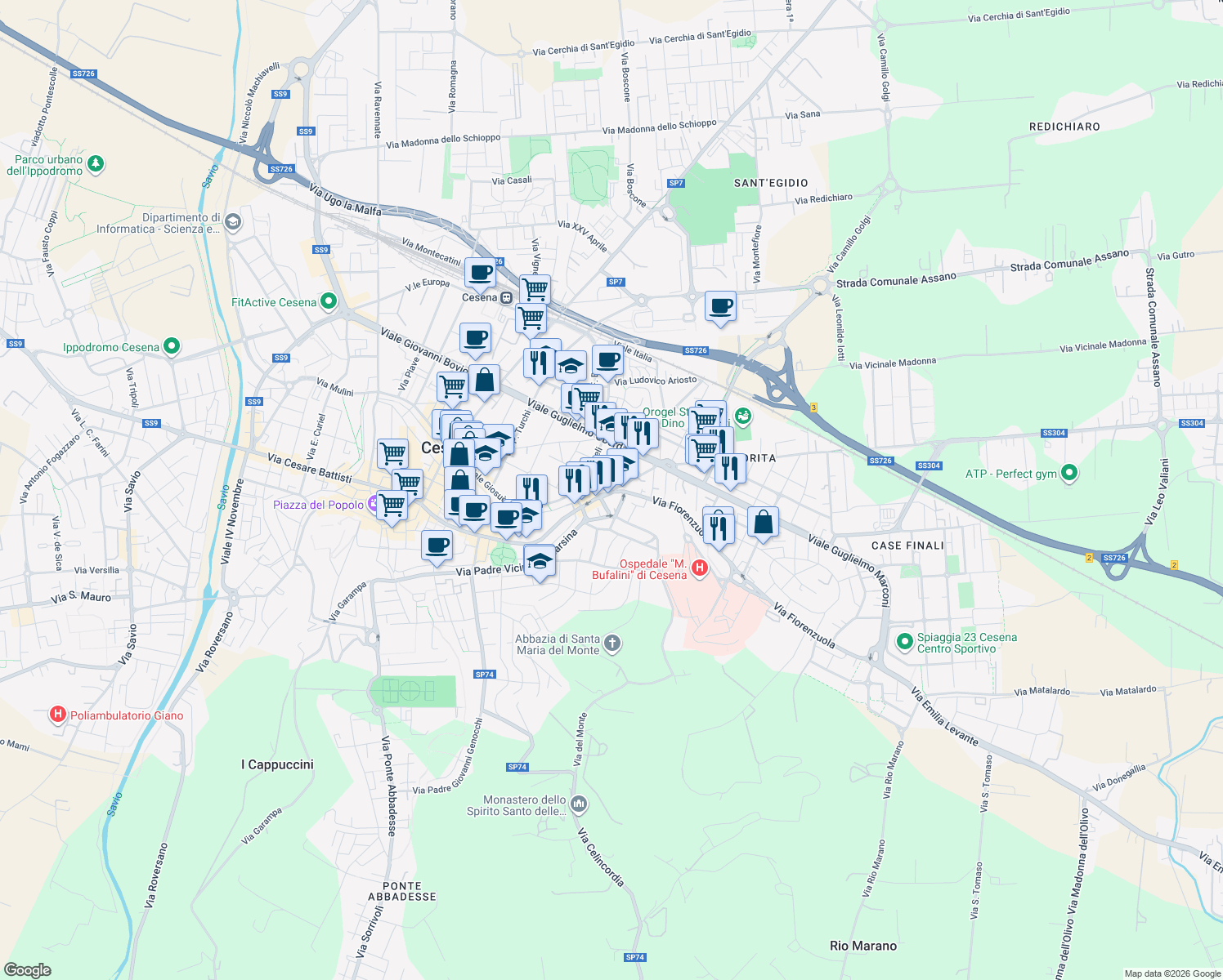 map of restaurants, bars, coffee shops, grocery stores, and more near Via Don Carlo Baronio in Cesena