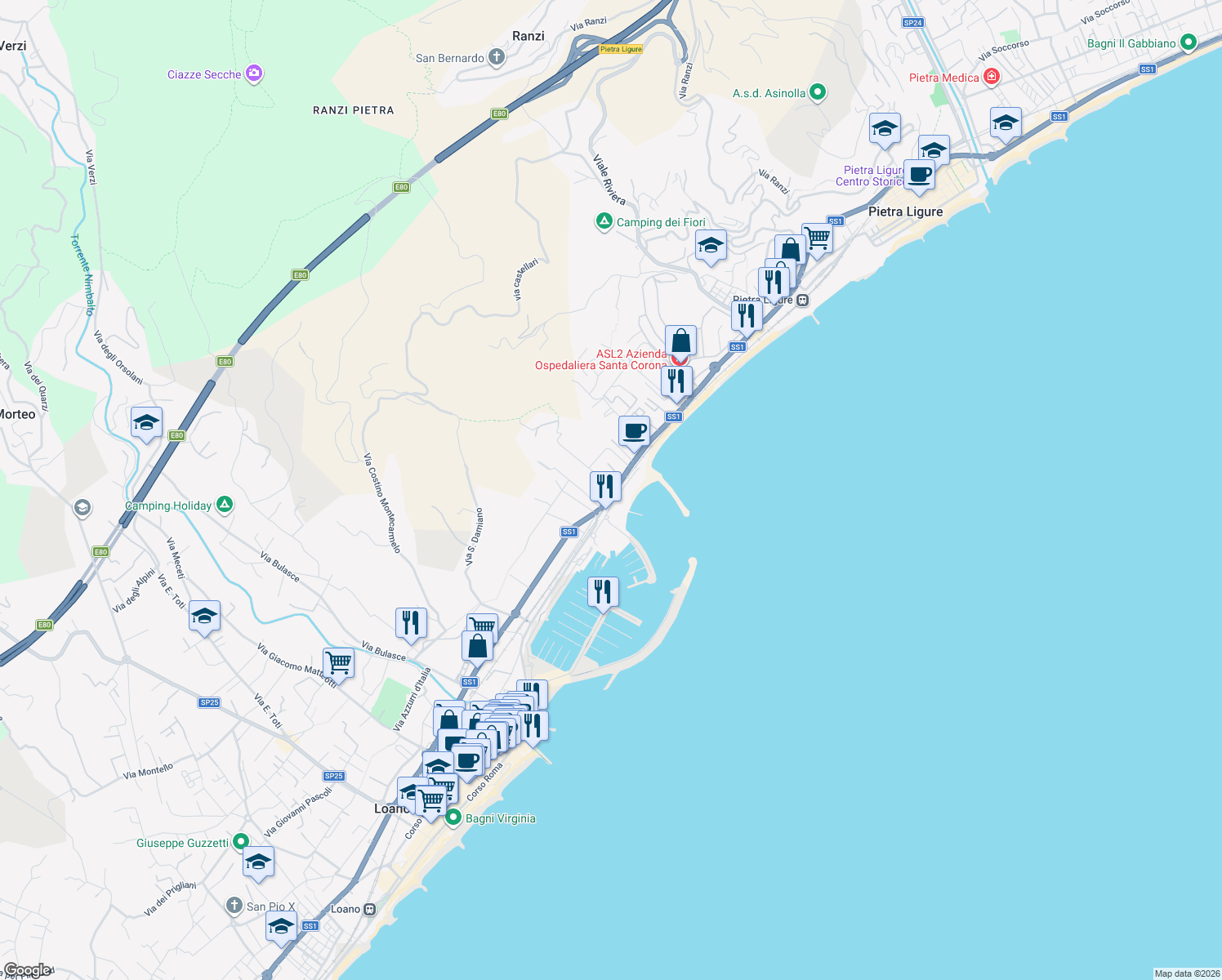map of restaurants, bars, coffee shops, grocery stores, and more near Via Aurelia in Loano