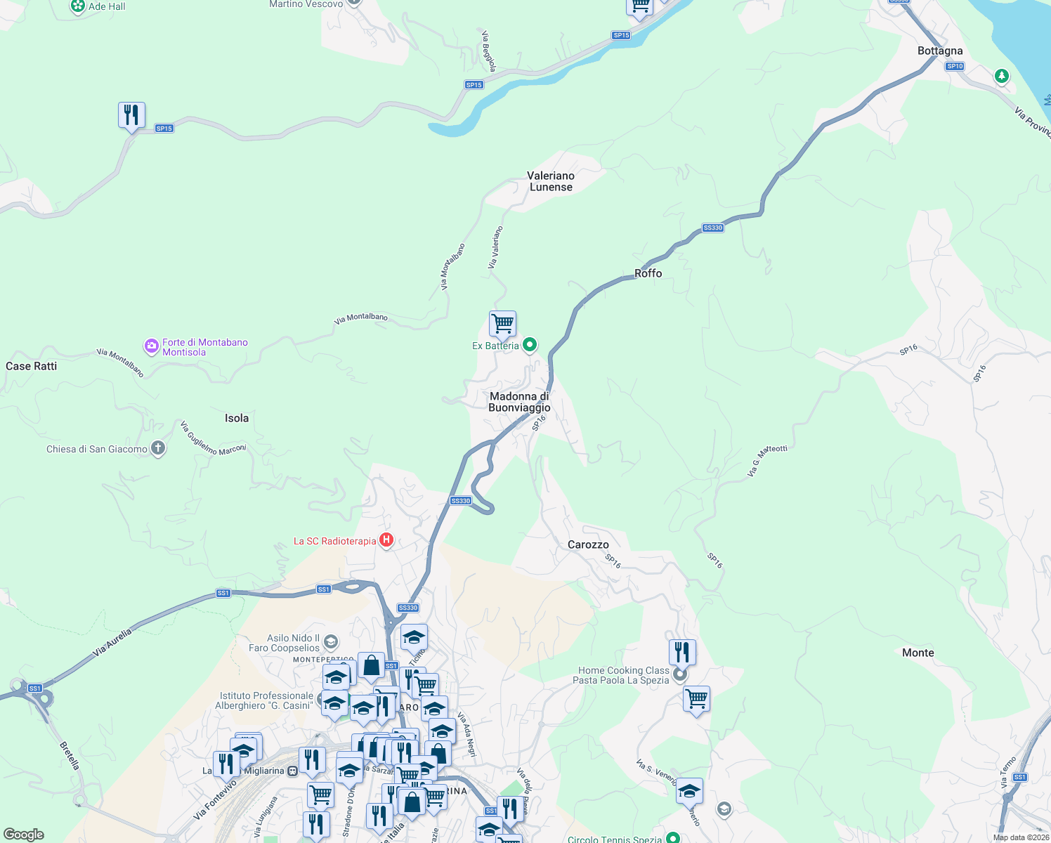 map of restaurants, bars, coffee shops, grocery stores, and more near 7 Via Valeriano in Madonna di Buonviaggio