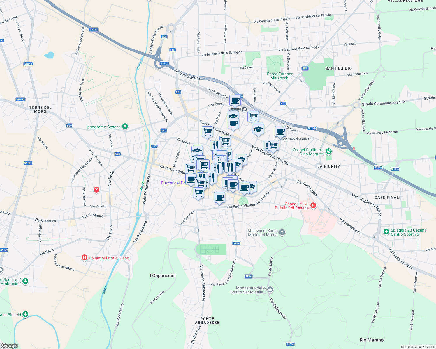 map of restaurants, bars, coffee shops, grocery stores, and more near in Cesena