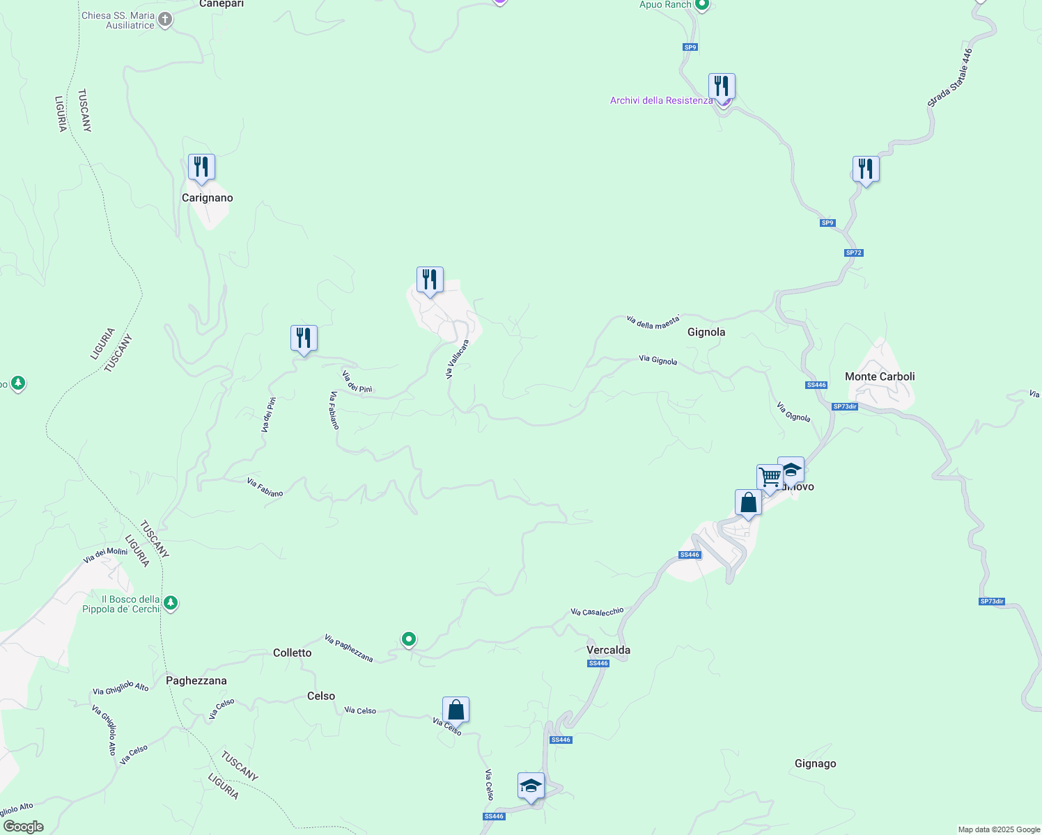 map of restaurants, bars, coffee shops, grocery stores, and more near 50 Via Gignola in Provincia di Massa e Carrara