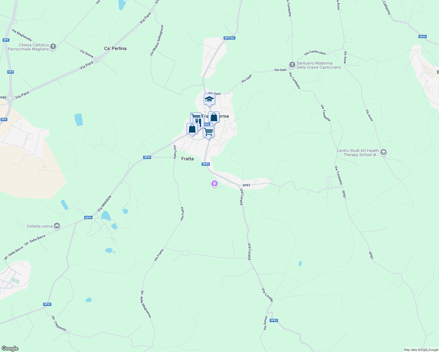 map of restaurants, bars, coffee shops, grocery stores, and more near Strada Provinciale 83 in Fratta Terme