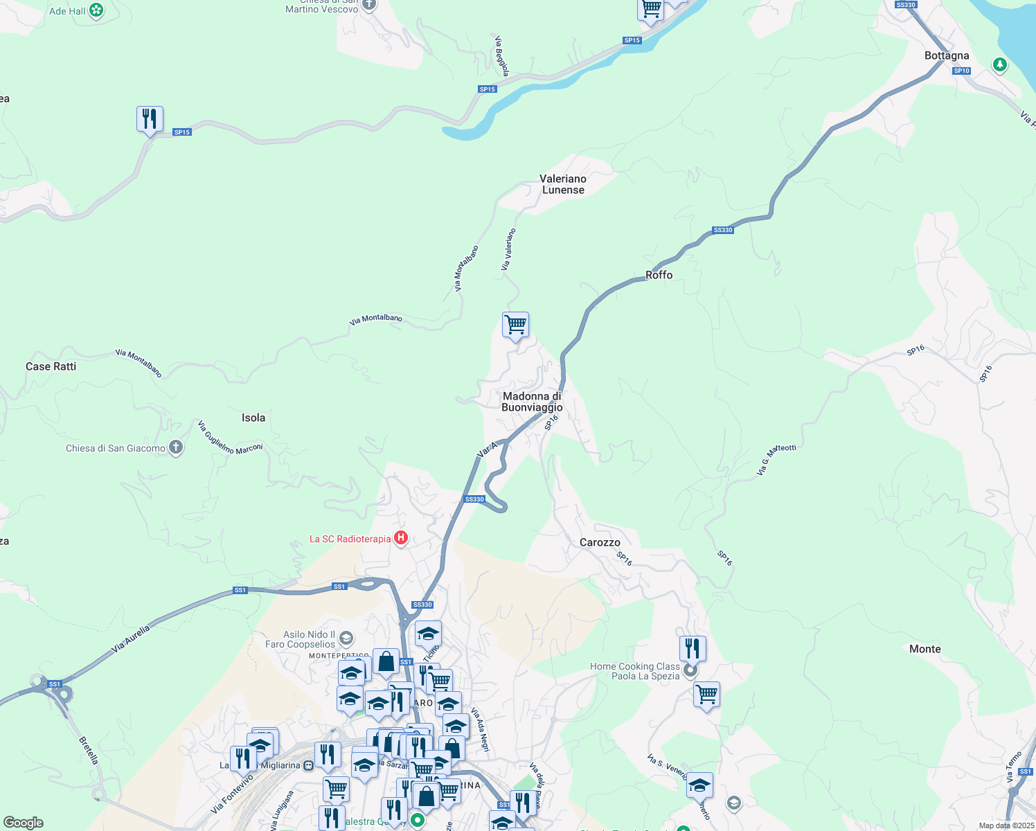 map of restaurants, bars, coffee shops, grocery stores, and more near 7 Via Valeriano in Madonna di Buonviaggio