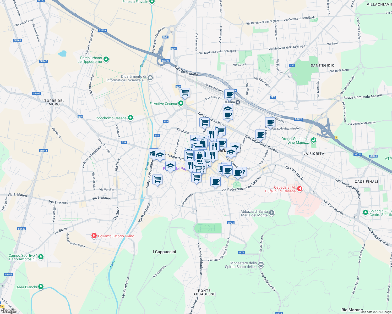 map of restaurants, bars, coffee shops, grocery stores, and more near 4 Via Boccaquattro in Cesena