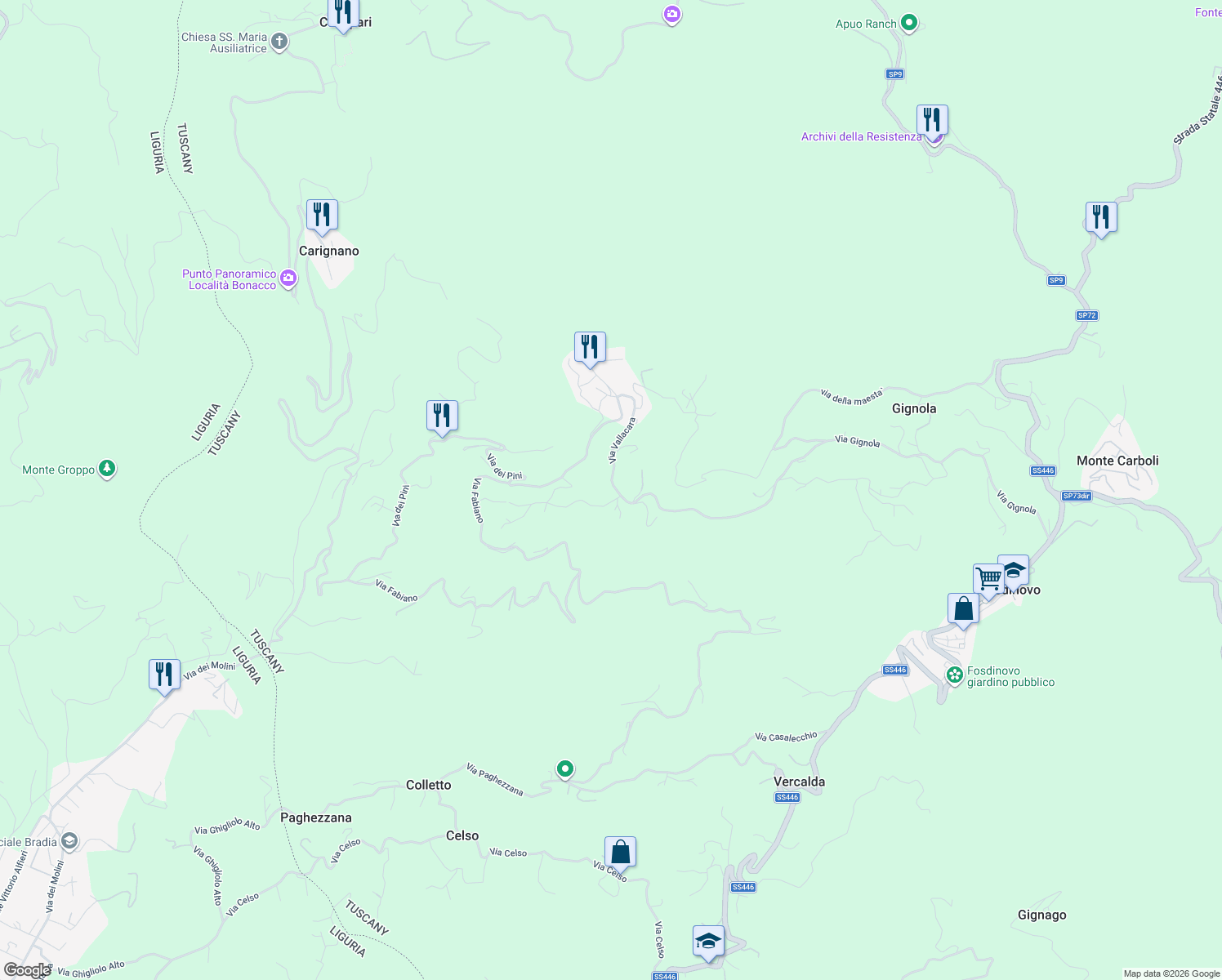 map of restaurants, bars, coffee shops, grocery stores, and more near 7B Via Vallacara in Provincia di Massa e Carrara