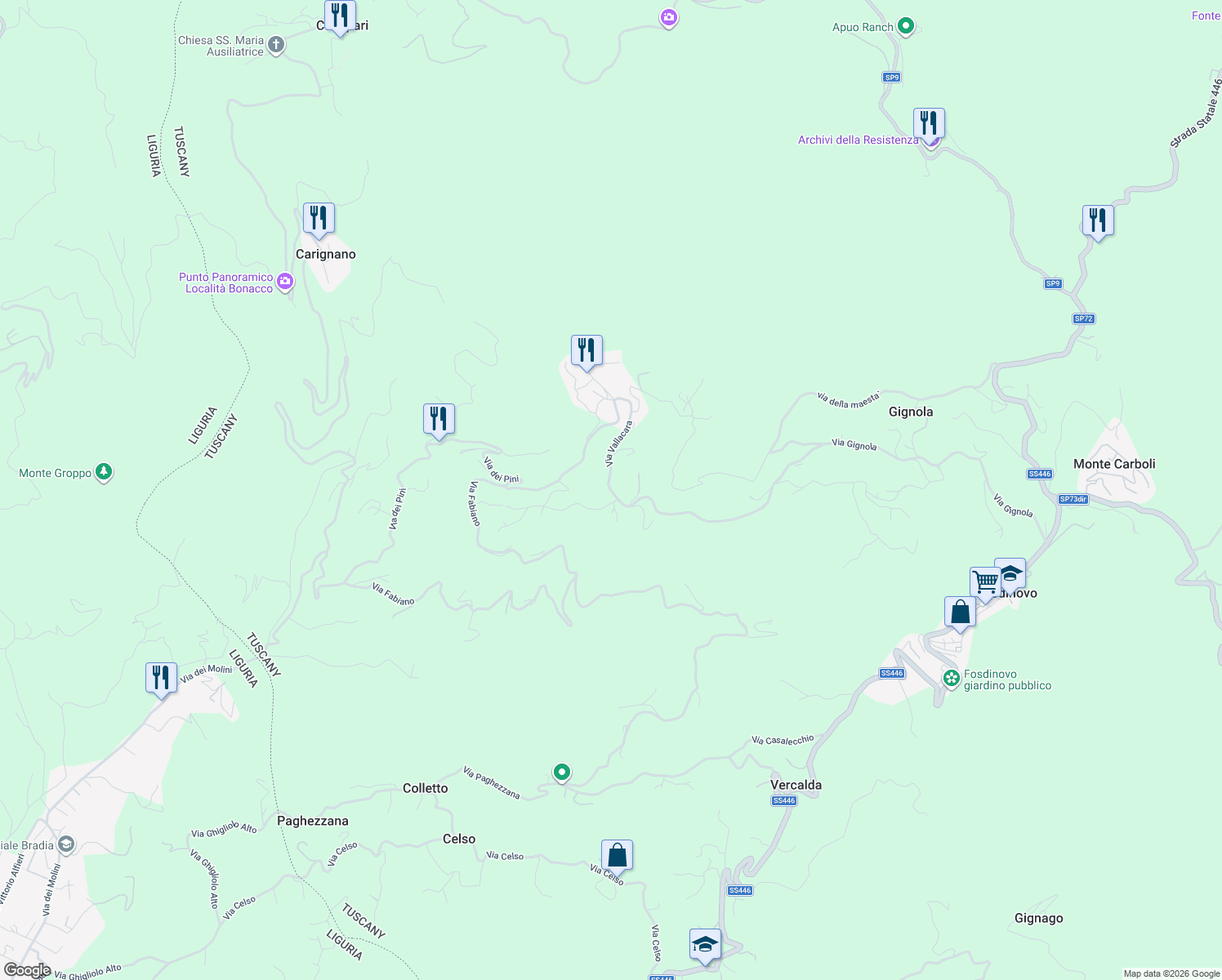 map of restaurants, bars, coffee shops, grocery stores, and more near 7B Via Vallacara in Provincia di Massa e Carrara