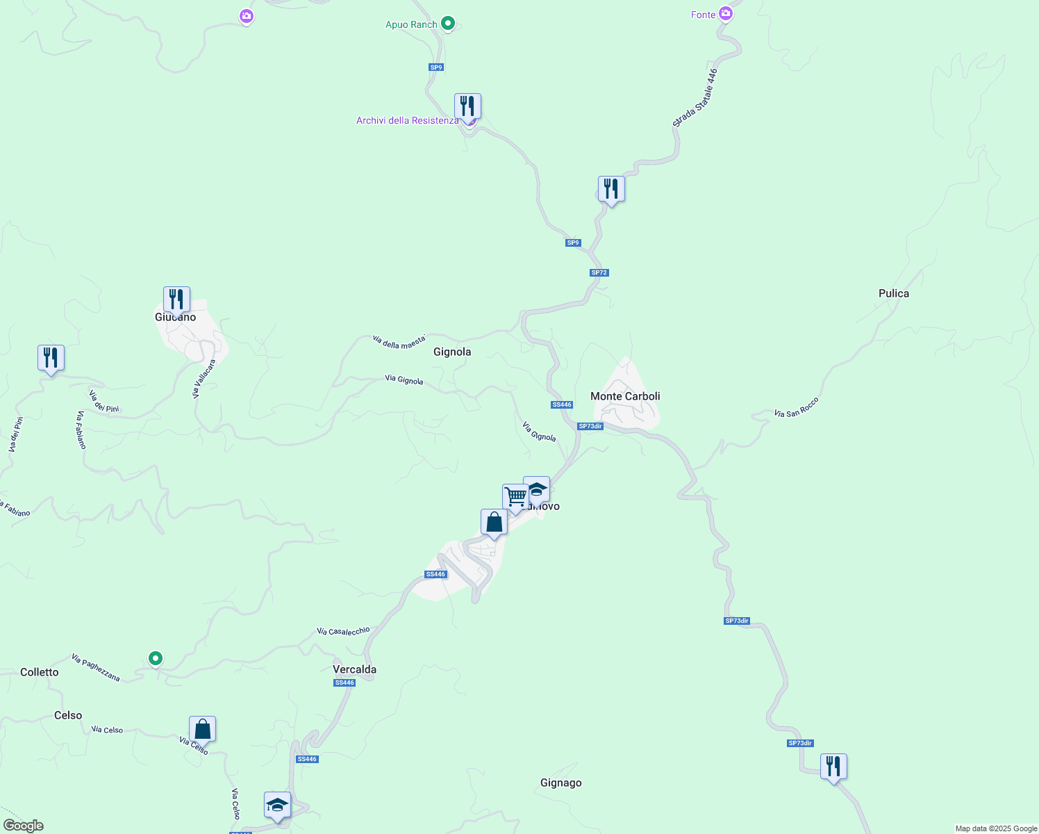 map of restaurants, bars, coffee shops, grocery stores, and more near 7 Via Gignola in Provincia di Massa e Carrara
