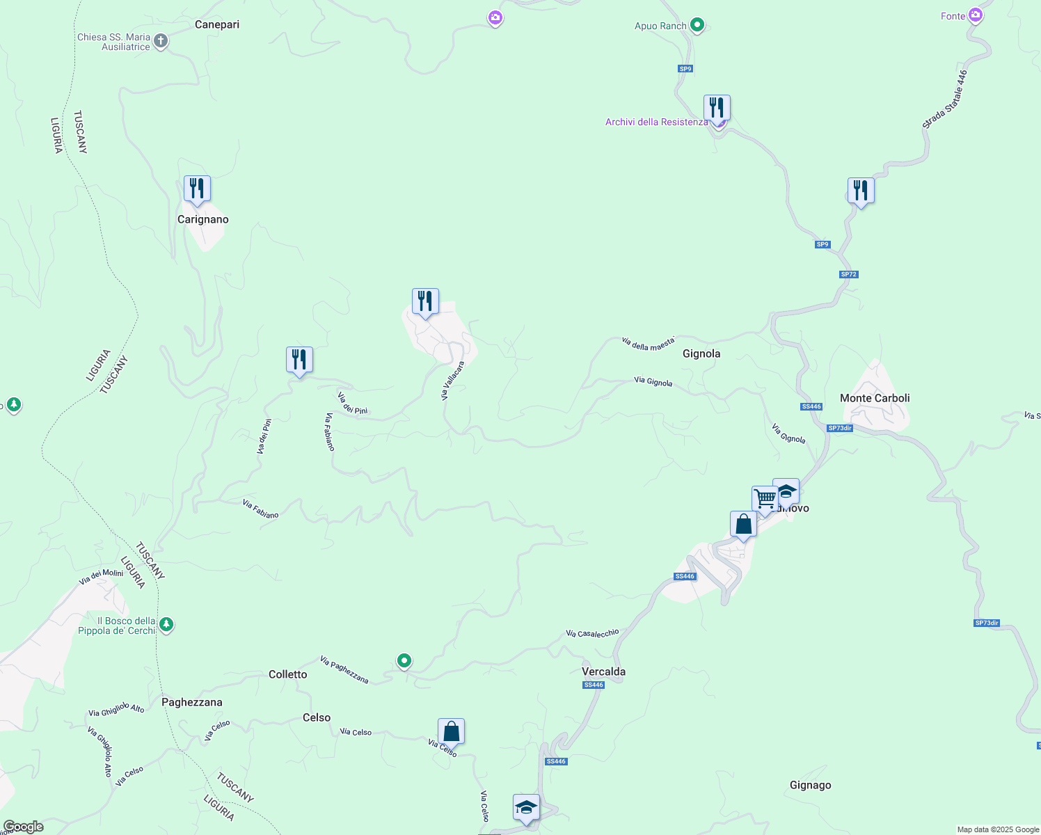 map of restaurants, bars, coffee shops, grocery stores, and more near 50 Via Gignola in Provincia di Massa e Carrara