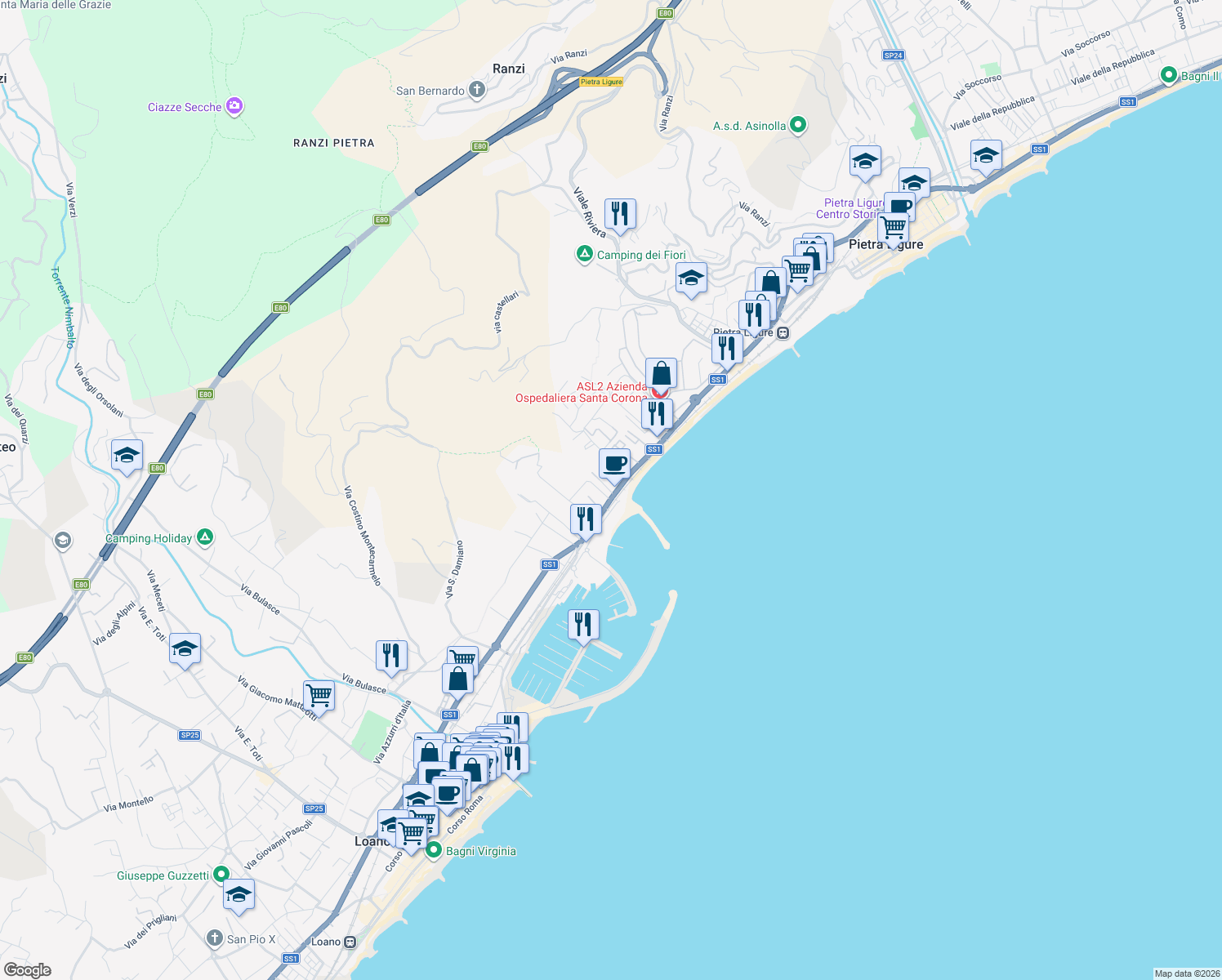 map of restaurants, bars, coffee shops, grocery stores, and more near Via Aurelia in Loano