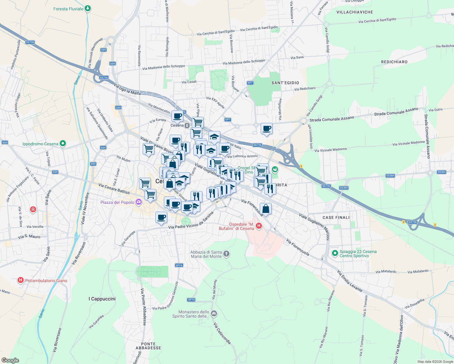 map of restaurants, bars, coffee shops, grocery stores, and more near 8 Via Casetti in Cesena