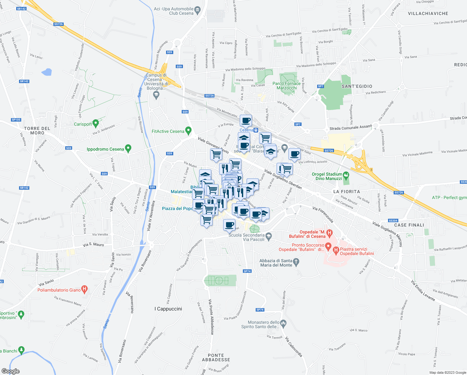 map of restaurants, bars, coffee shops, grocery stores, and more near in Cesena
