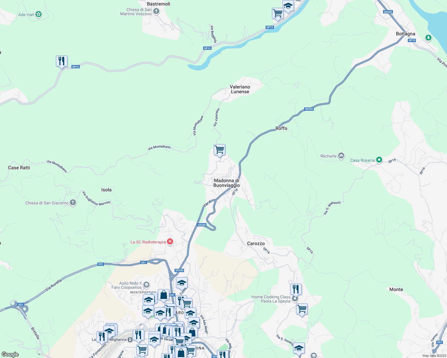 map of restaurants, bars, coffee shops, grocery stores, and more near 7 Via Valeriano in Madonna di Buonviaggio