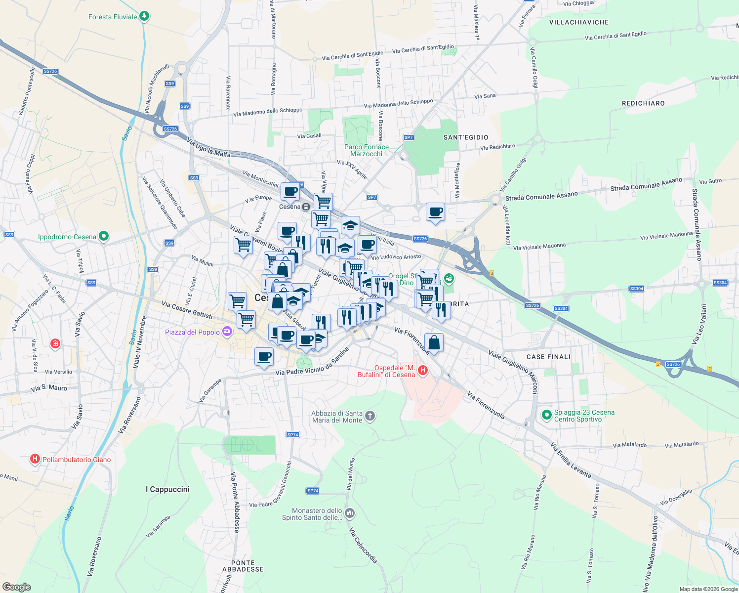 map of restaurants, bars, coffee shops, grocery stores, and more near 8 Via Casetti in Cesena