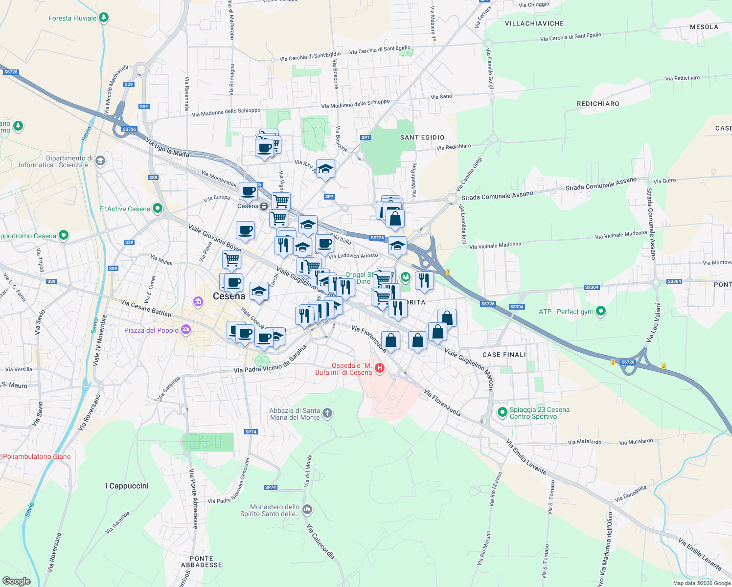map of restaurants, bars, coffee shops, grocery stores, and more near 46 Via Toscana in Cesena