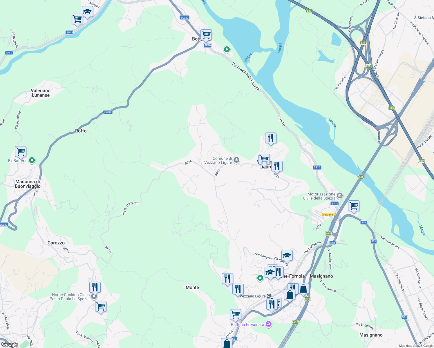 map of restaurants, bars, coffee shops, grocery stores, and more near 17 Via G. Matteotti in Provincia della Spezia