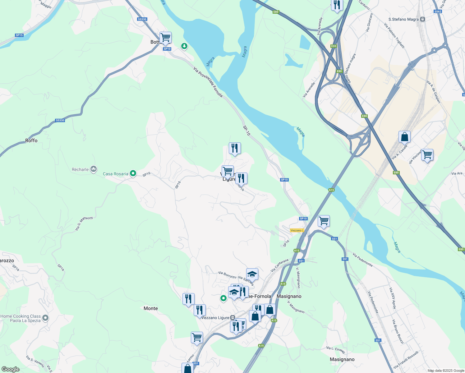 map of restaurants, bars, coffee shops, grocery stores, and more near 14 Via Cornettolo in Vezzano Ligure