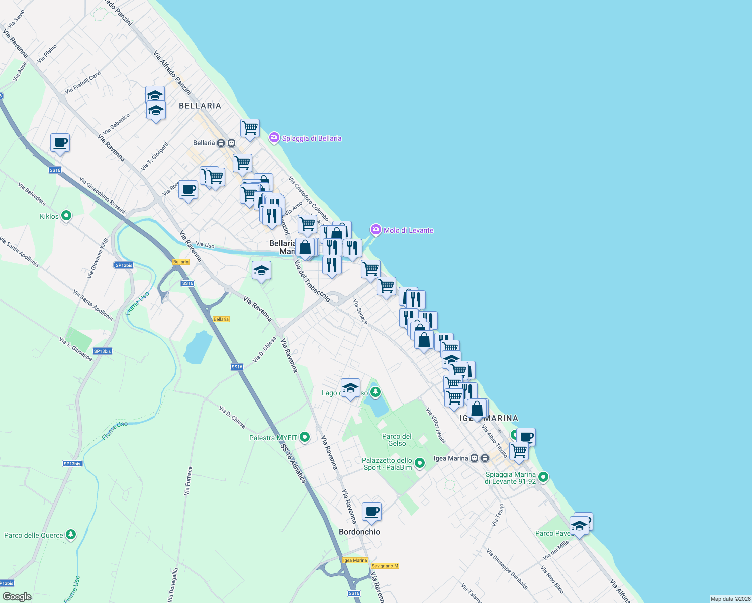 map of restaurants, bars, coffee shops, grocery stores, and more near 12 Via Caio Plinio in Bellaria-Igea Marina