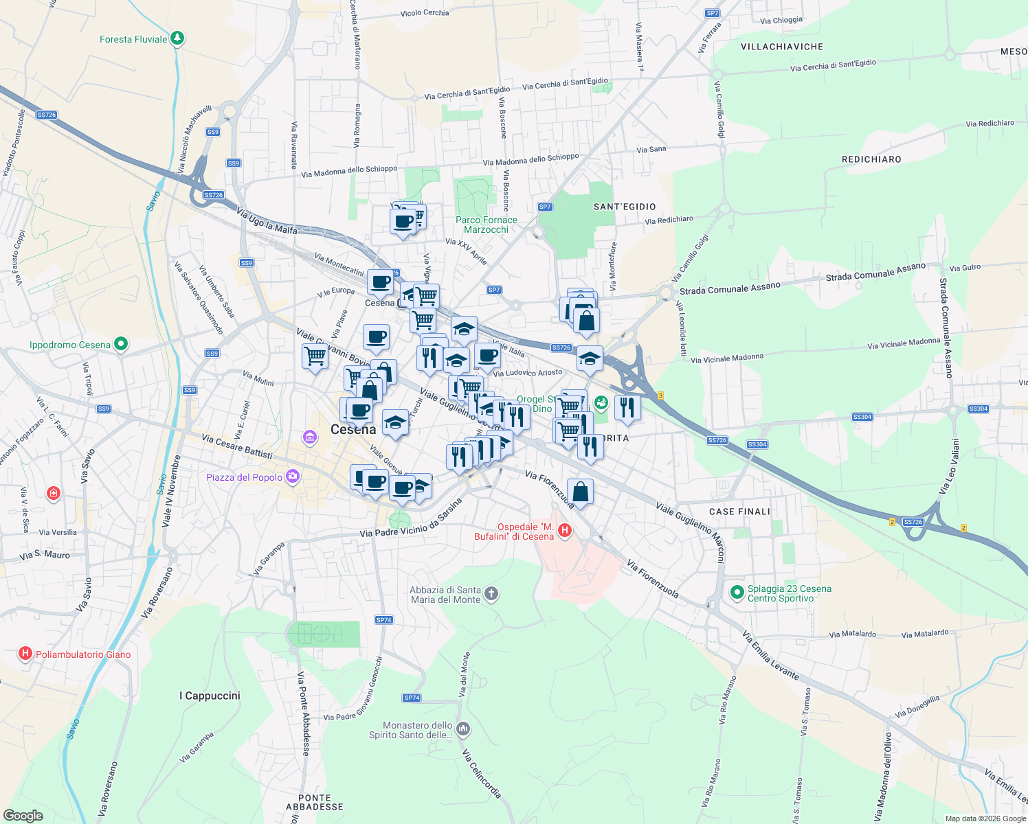 map of restaurants, bars, coffee shops, grocery stores, and more near 415 Viale Plauto Maccio Tito in Cesena