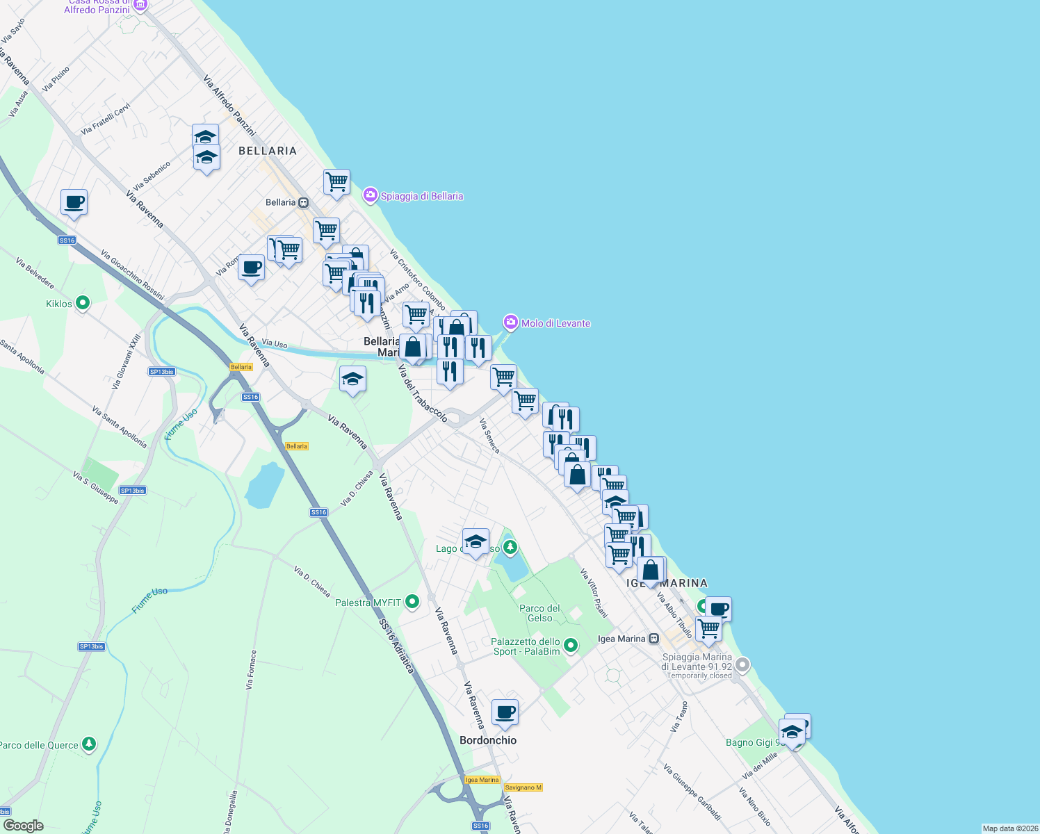 map of restaurants, bars, coffee shops, grocery stores, and more near 12 Via Caio Plinio in Igea Marina