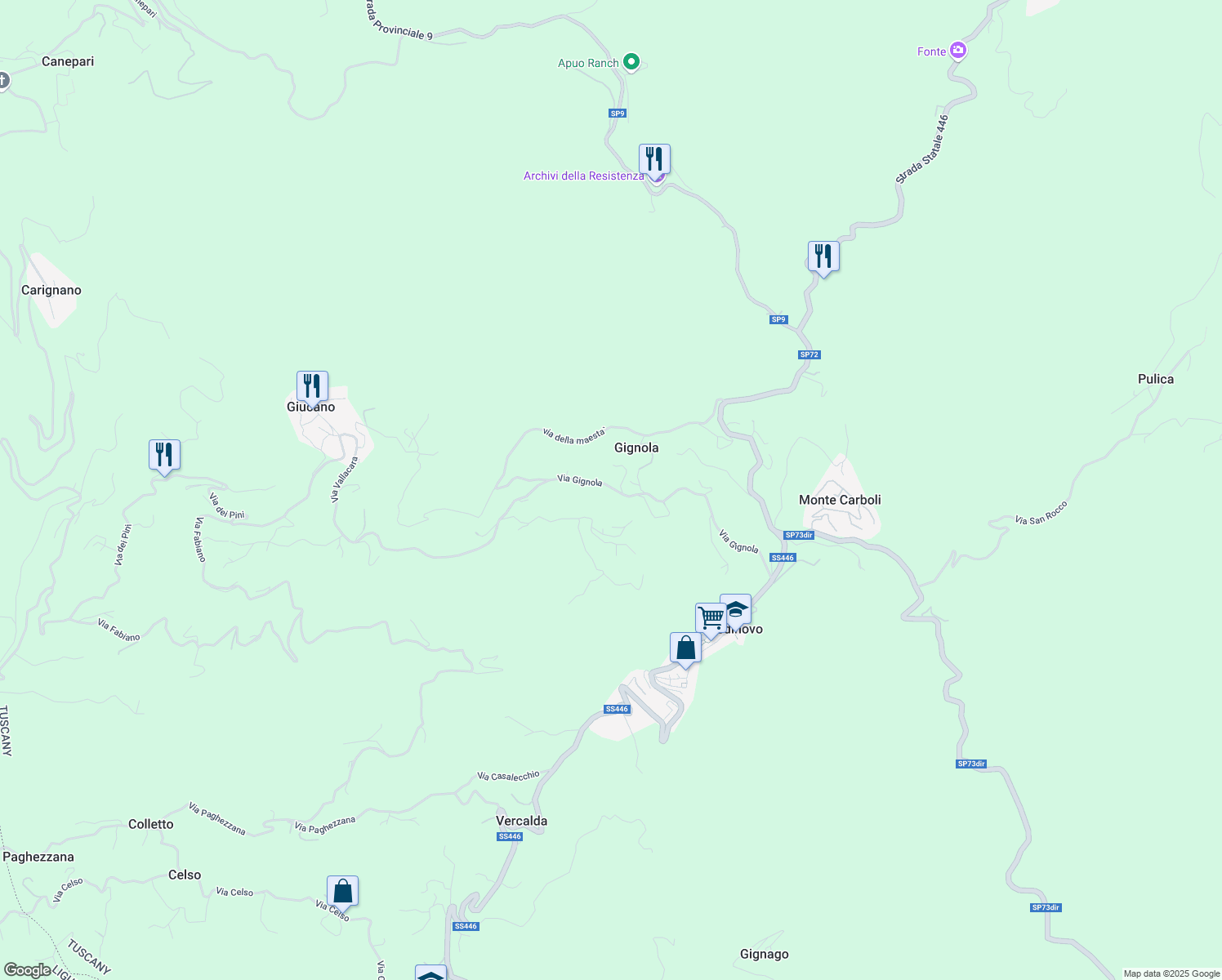 map of restaurants, bars, coffee shops, grocery stores, and more near 37 Via Gignola in Provincia di Massa e Carrara
