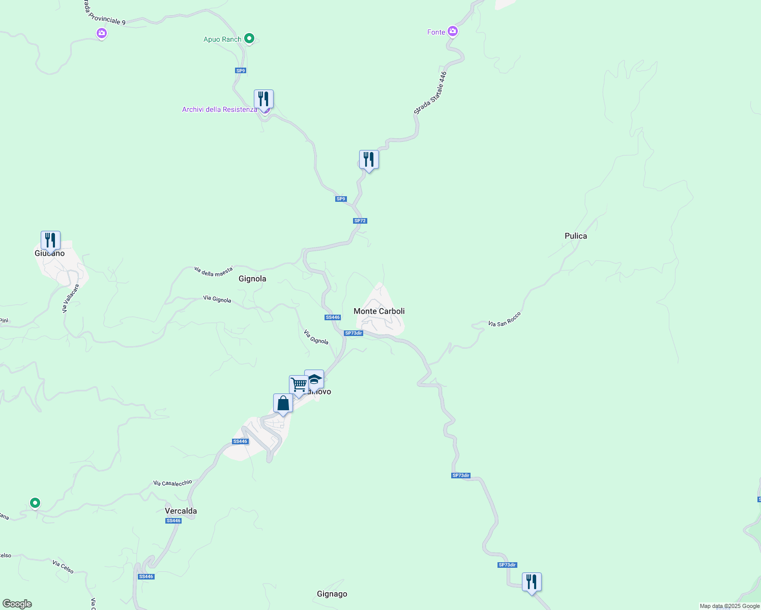 map of restaurants, bars, coffee shops, grocery stores, and more near 351 Via Privata Montecarboli in Monte Carboli