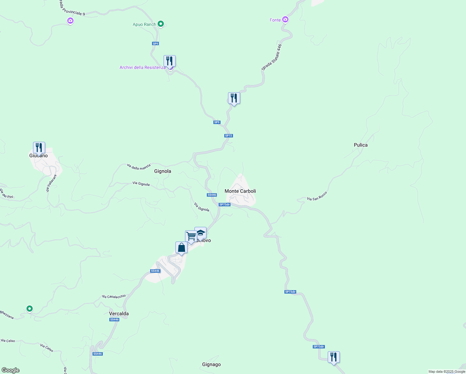 map of restaurants, bars, coffee shops, grocery stores, and more near 351 Via Privata Montecarboli in Monte Carboli