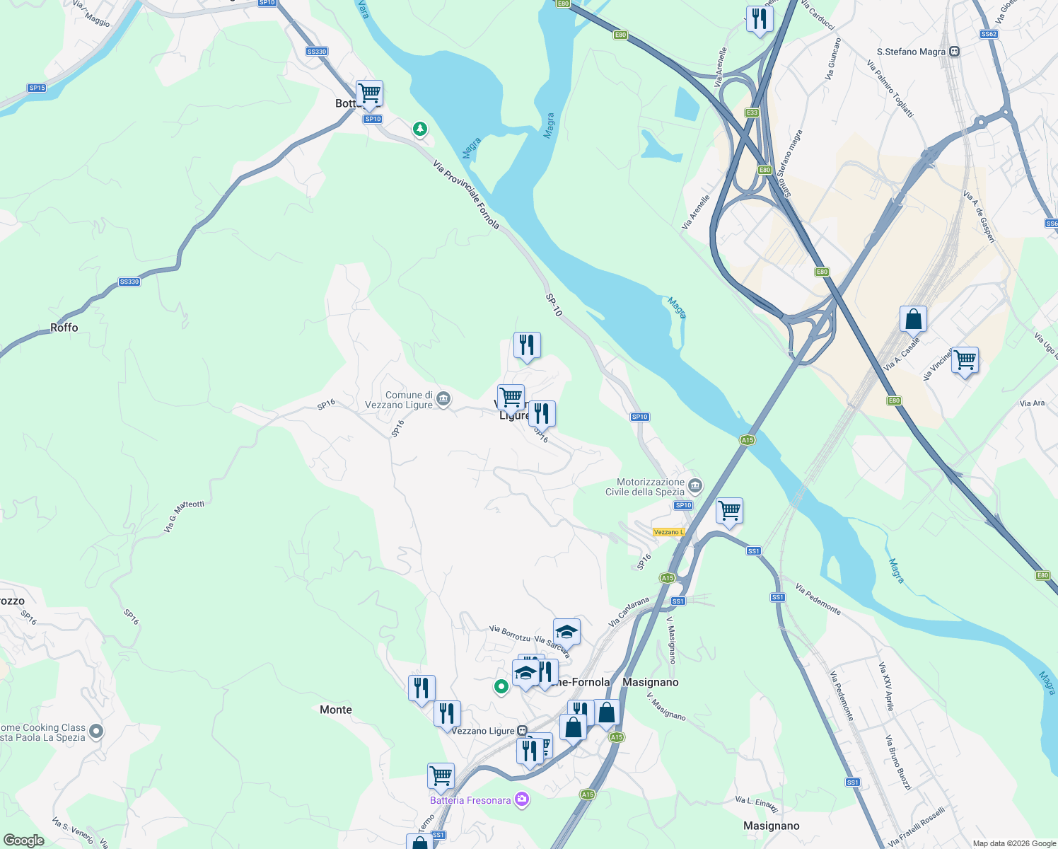 map of restaurants, bars, coffee shops, grocery stores, and more near 14 Via Cornettolo in Vezzano Ligure