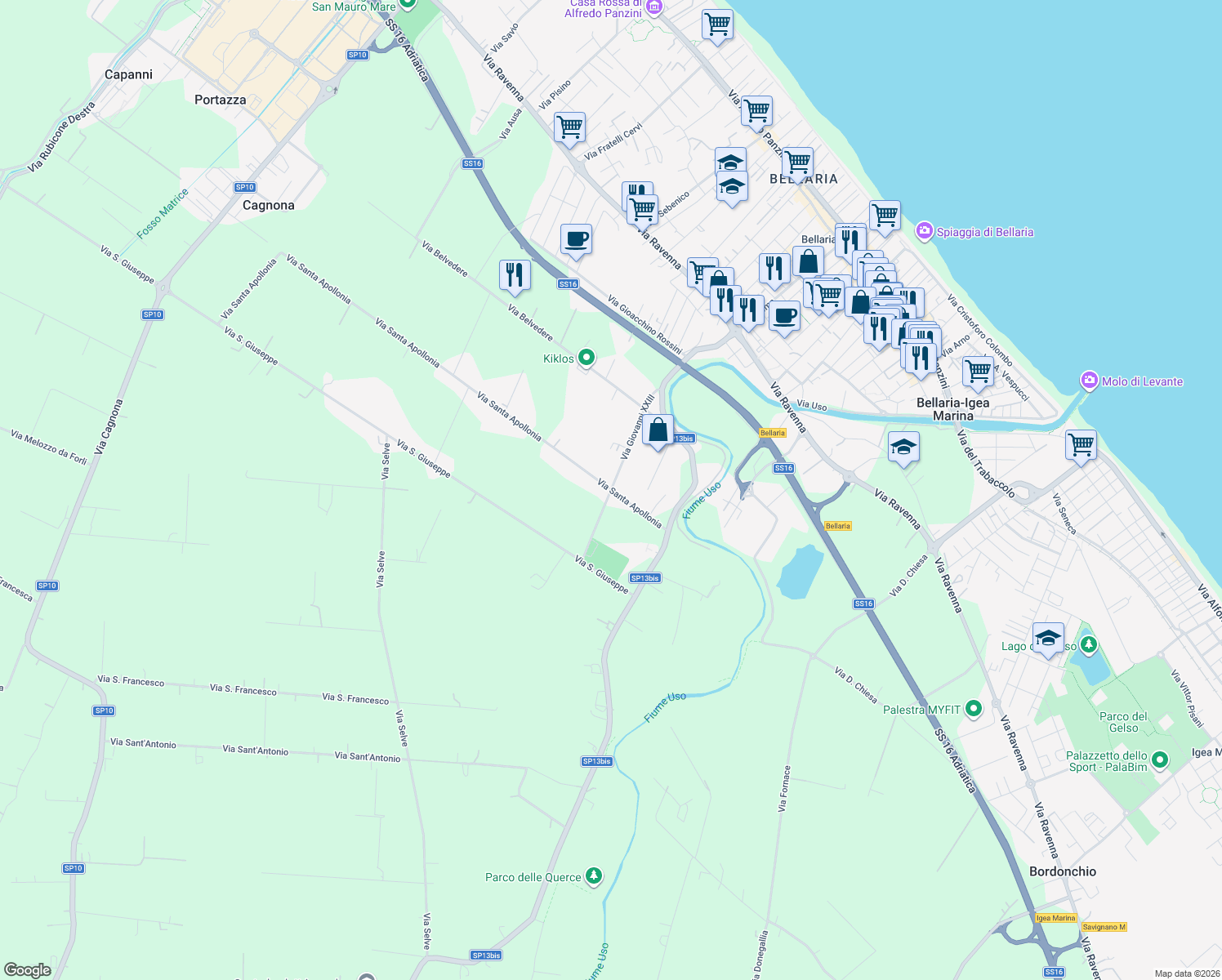 map of restaurants, bars, coffee shops, grocery stores, and more near 36 Via Giovanni XXIII in Rimini