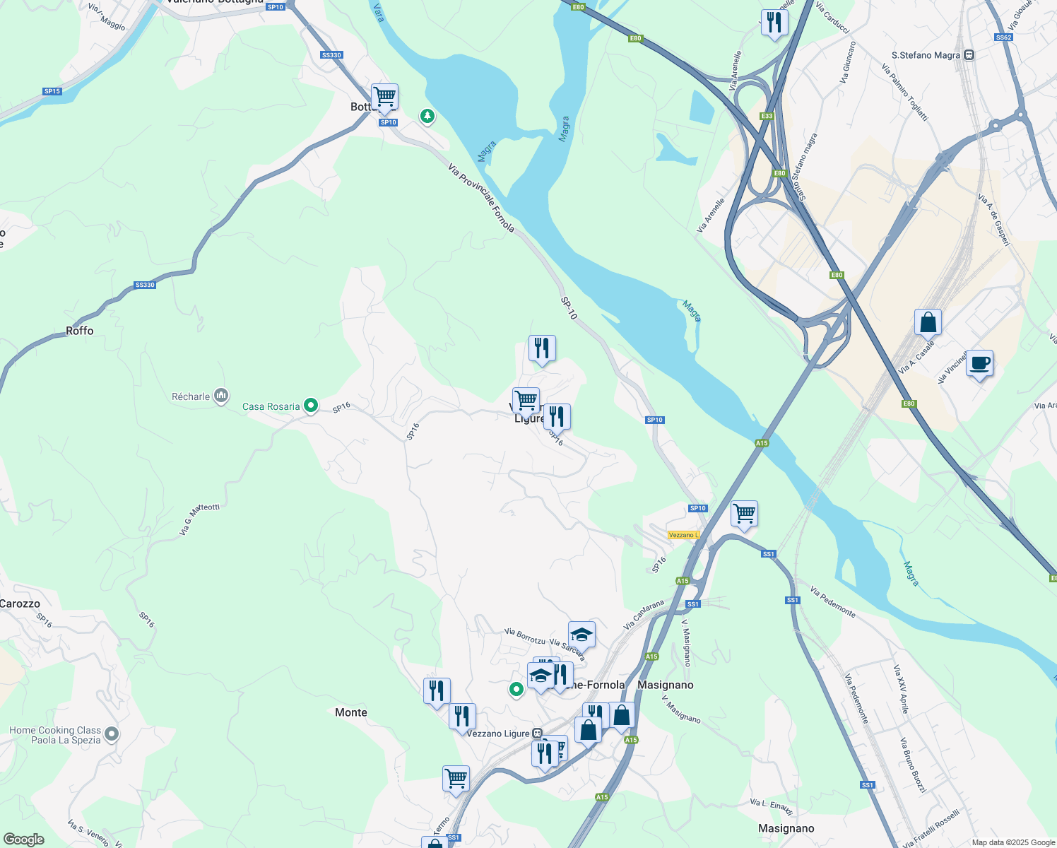 map of restaurants, bars, coffee shops, grocery stores, and more near 14 Via Cornettolo in Vezzano Ligure