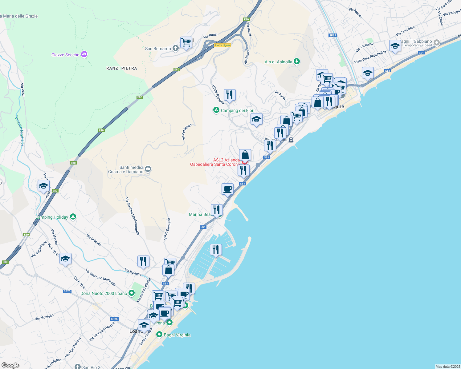 map of restaurants, bars, coffee shops, grocery stores, and more near Via Aurelia in Pietra Ligure