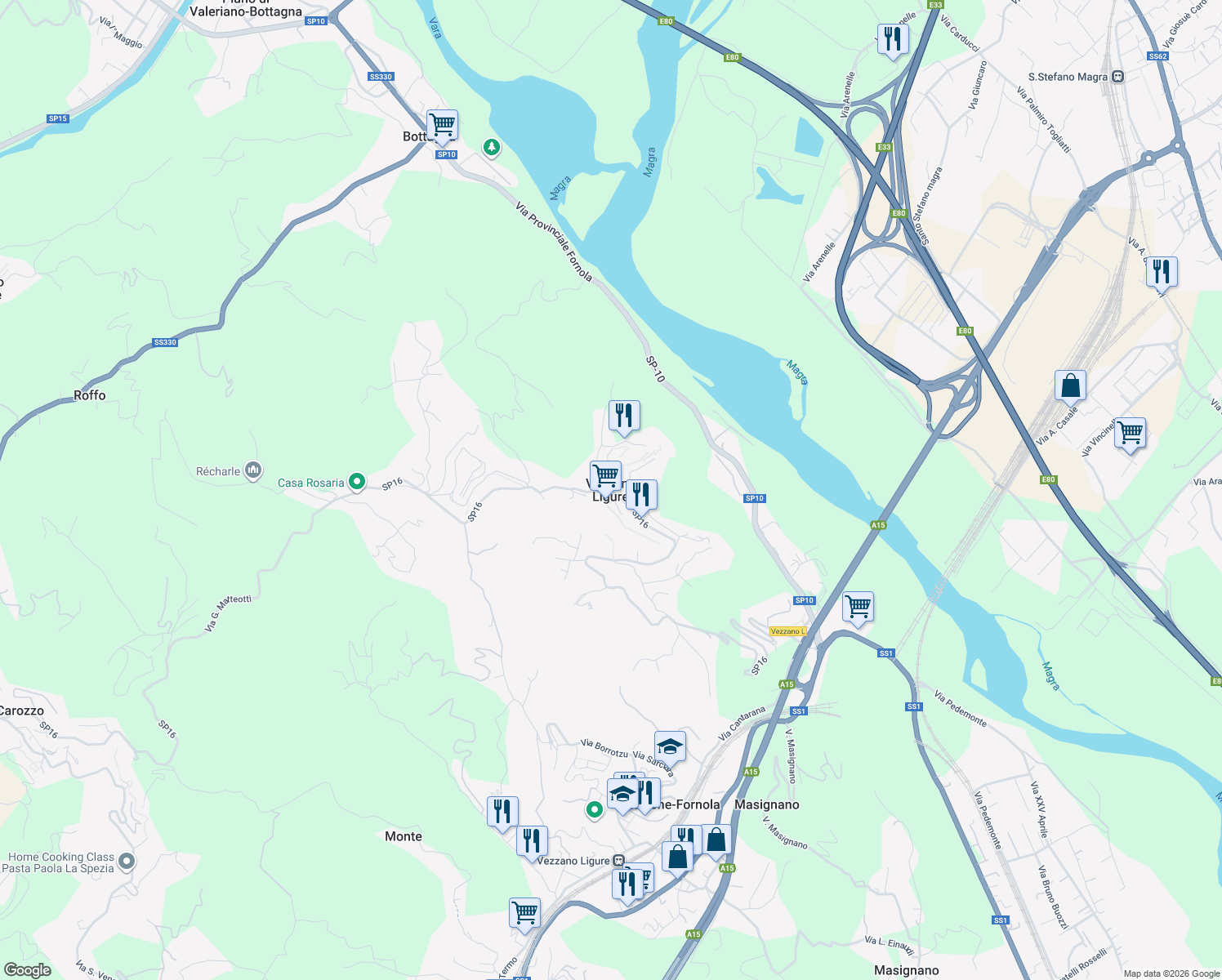 map of restaurants, bars, coffee shops, grocery stores, and more near in Vezzano Ligure