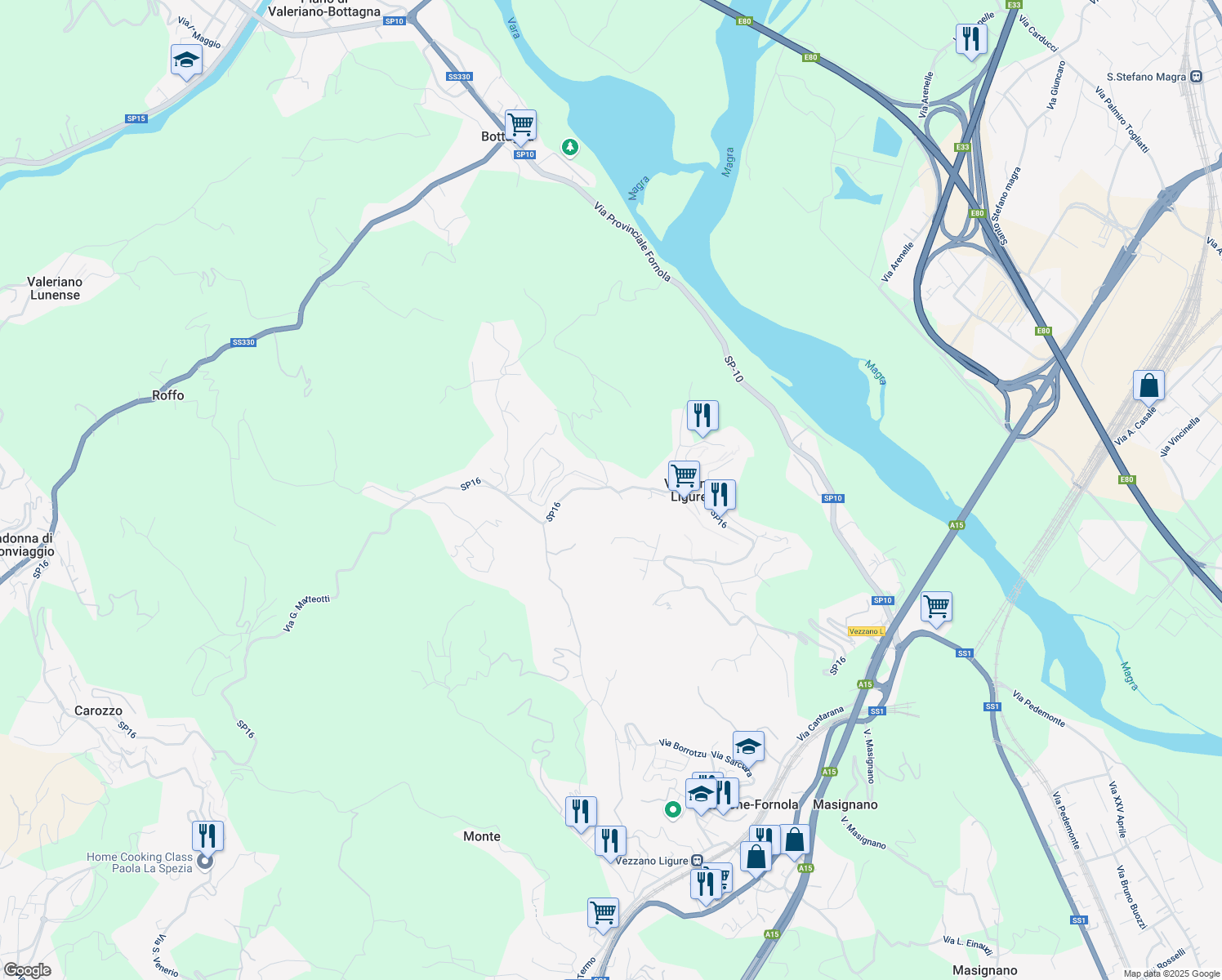 map of restaurants, bars, coffee shops, grocery stores, and more near 5 Piazza F. Centi in Vezzano Ligure