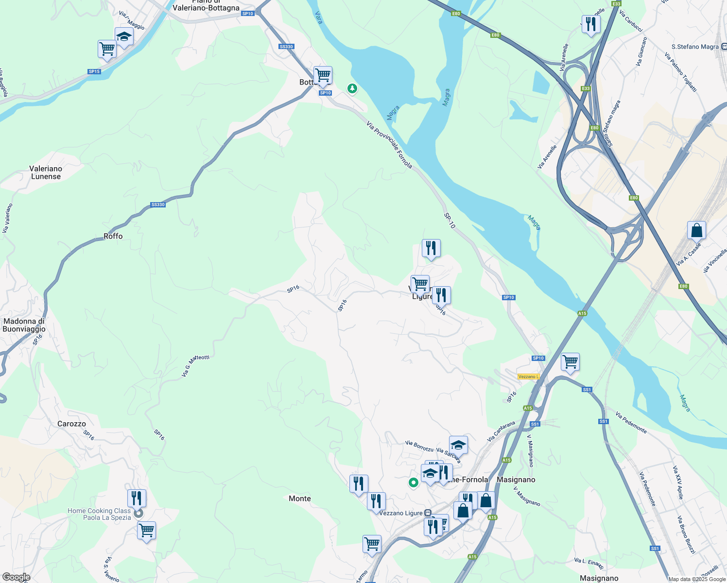 map of restaurants, bars, coffee shops, grocery stores, and more near 46 Via Roma in Vezzano Ligure