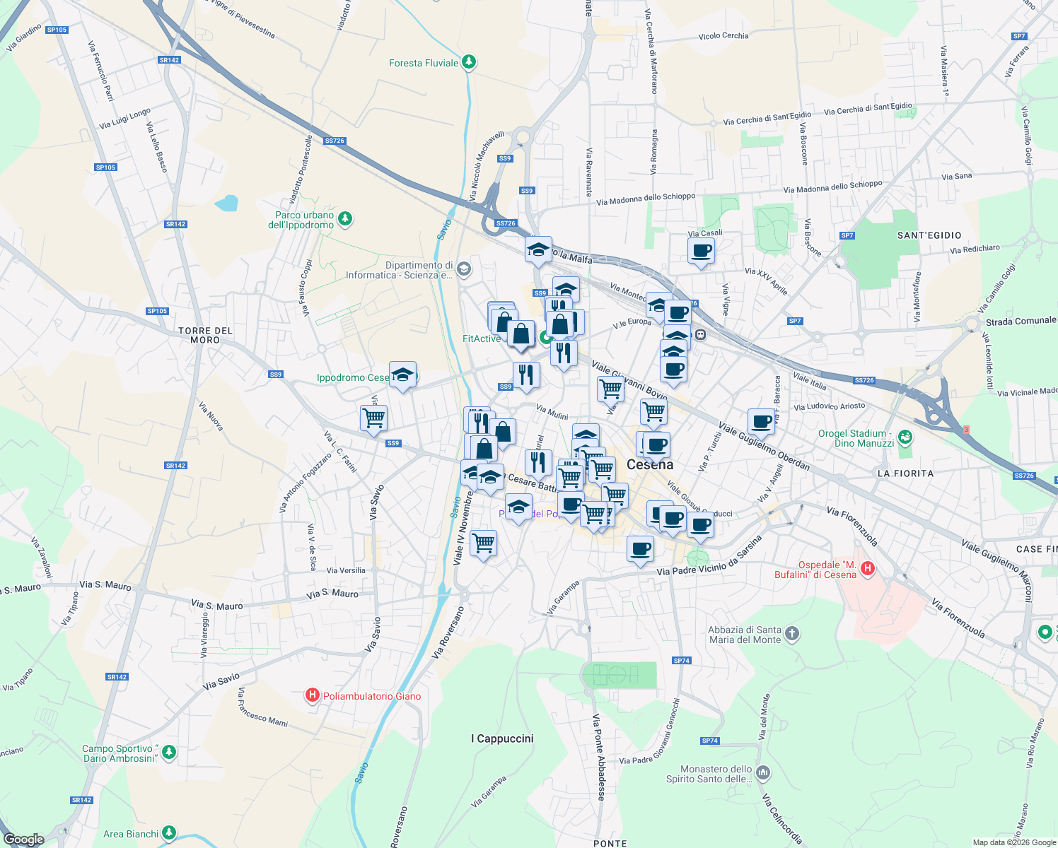 map of restaurants, bars, coffee shops, grocery stores, and more near 22B Via Mulini in Cesena