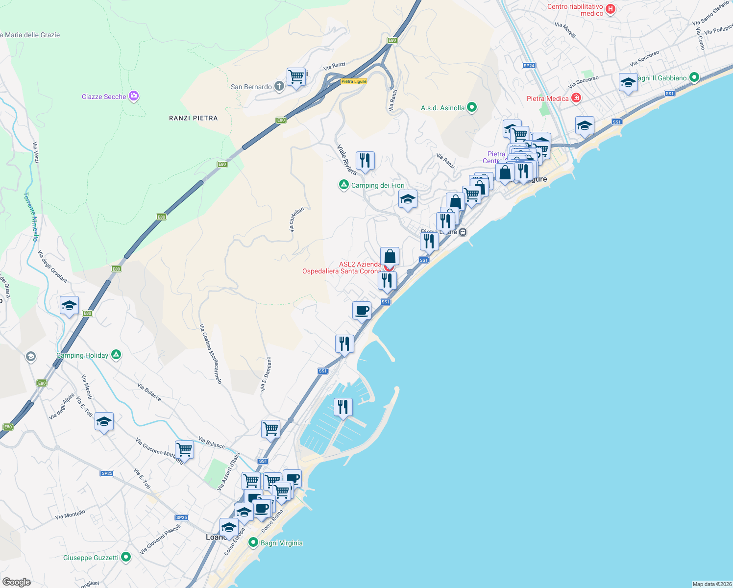 map of restaurants, bars, coffee shops, grocery stores, and more near 156 Via Milano in Pietra Ligure