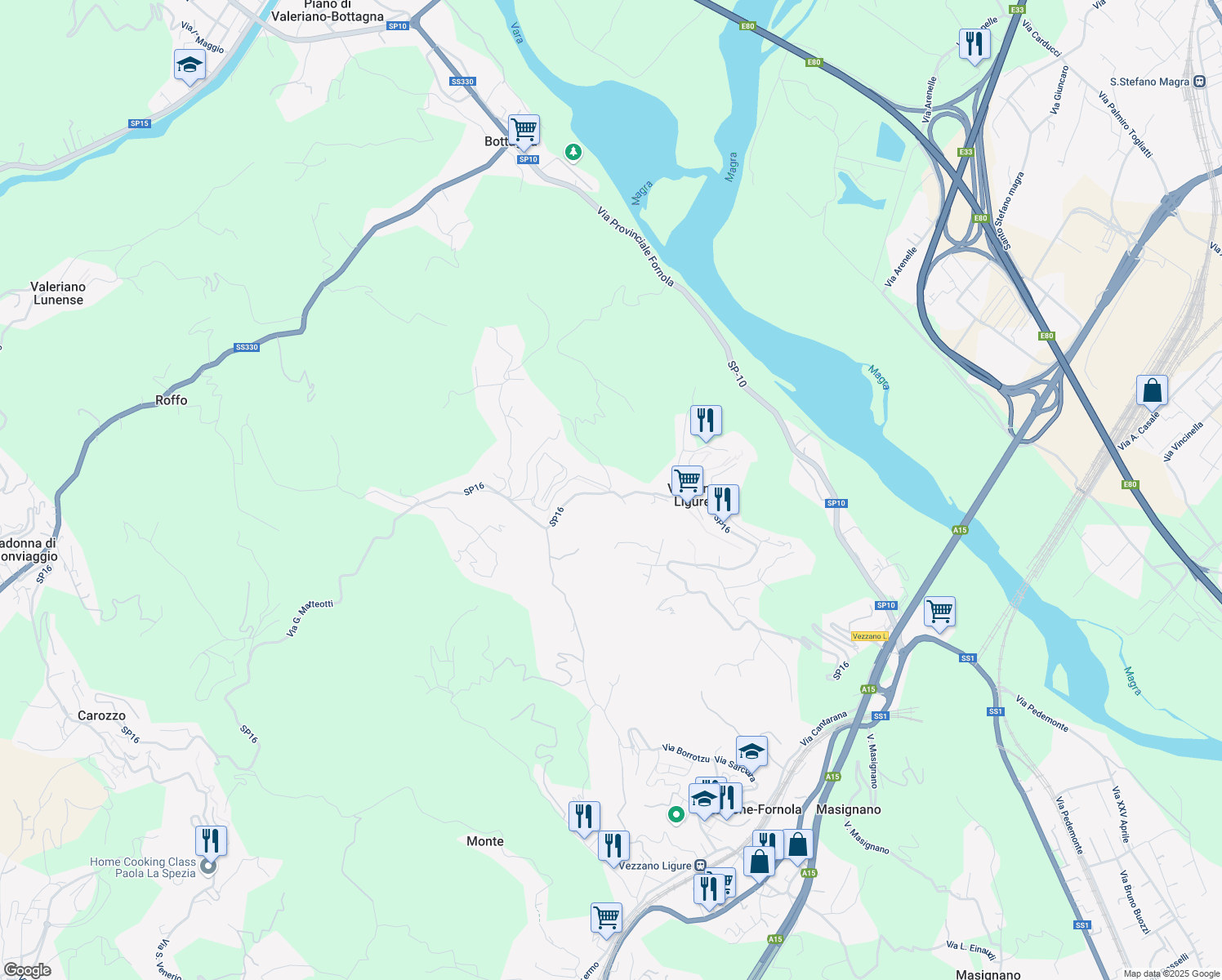 map of restaurants, bars, coffee shops, grocery stores, and more near 5 Piazza F. Centi in Vezzano Ligure