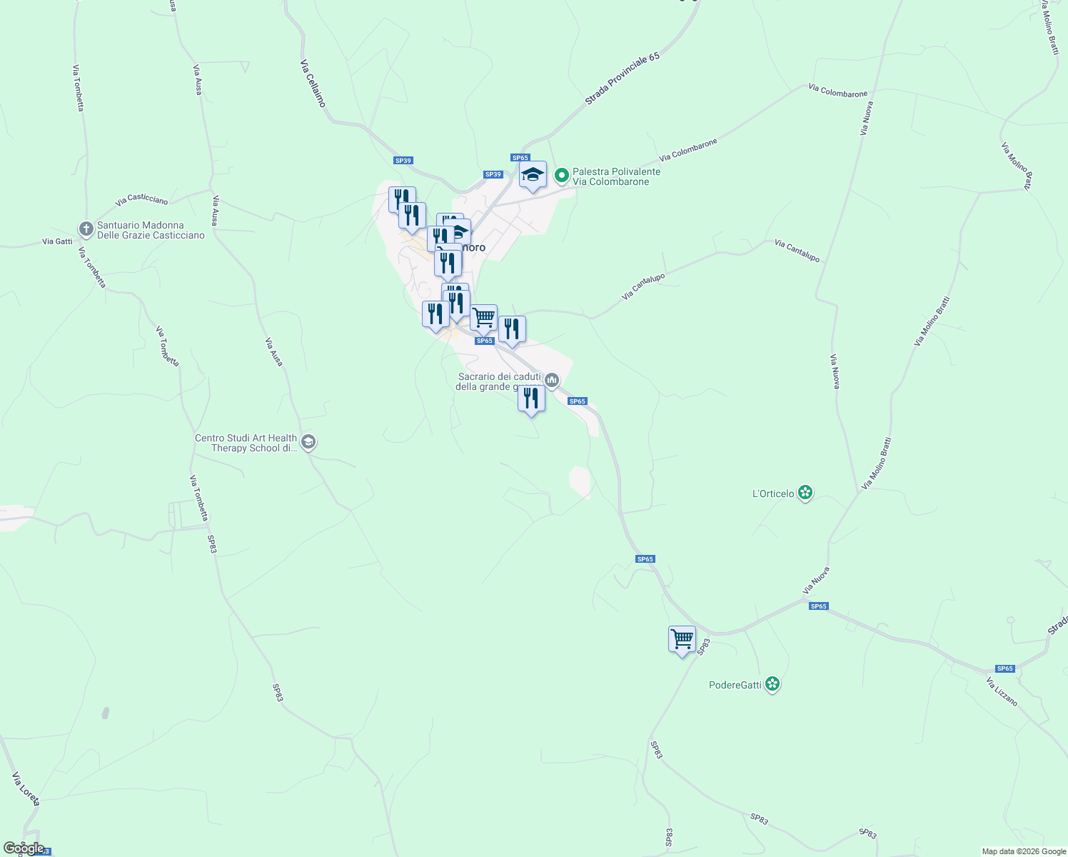 map of restaurants, bars, coffee shops, grocery stores, and more near Strada Provinciale 65 in Bertinoro