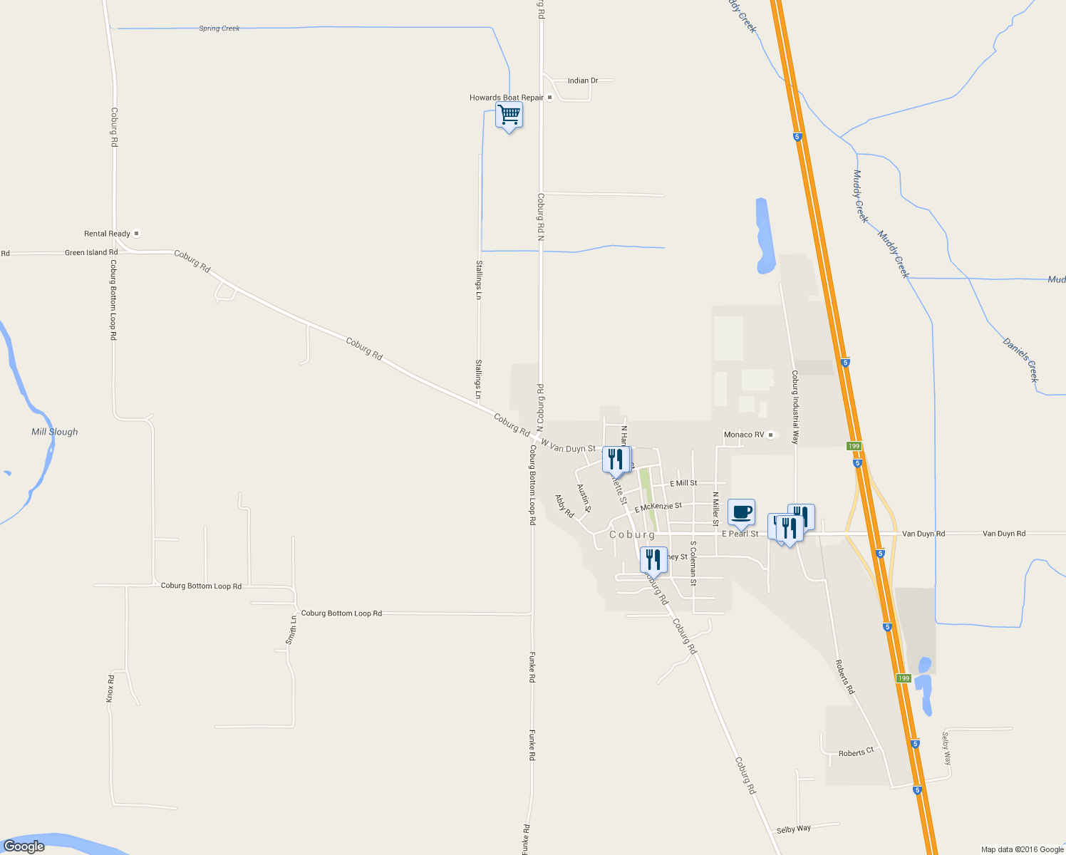 map of restaurants, bars, coffee shops, grocery stores, and more near 91232 North Coburg Road in Coburg