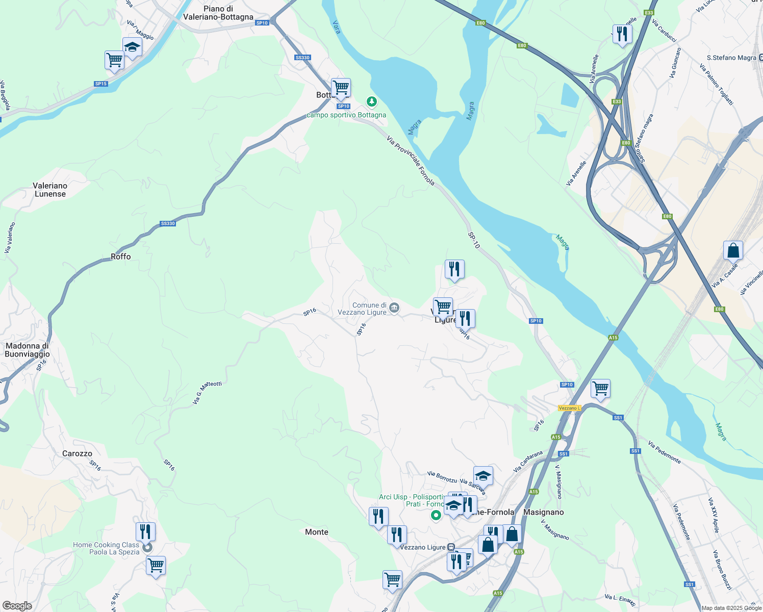 map of restaurants, bars, coffee shops, grocery stores, and more near 46 Via Roma in Vezzano Ligure