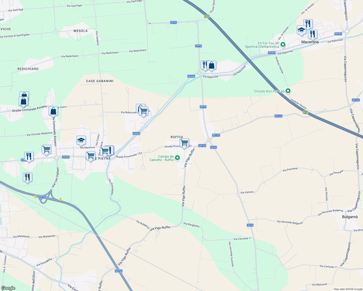 map of restaurants, bars, coffee shops, grocery stores, and more near 1019 Provinciale Sala in Cesena