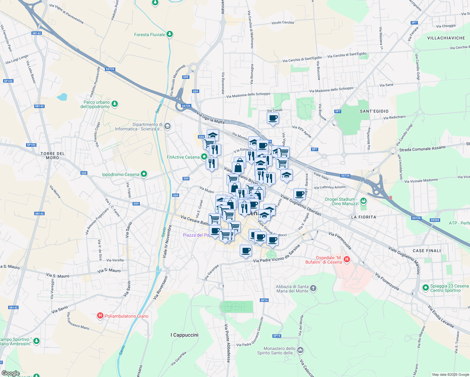 map of restaurants, bars, coffee shops, grocery stores, and more near 48 Via Piave in Cesena