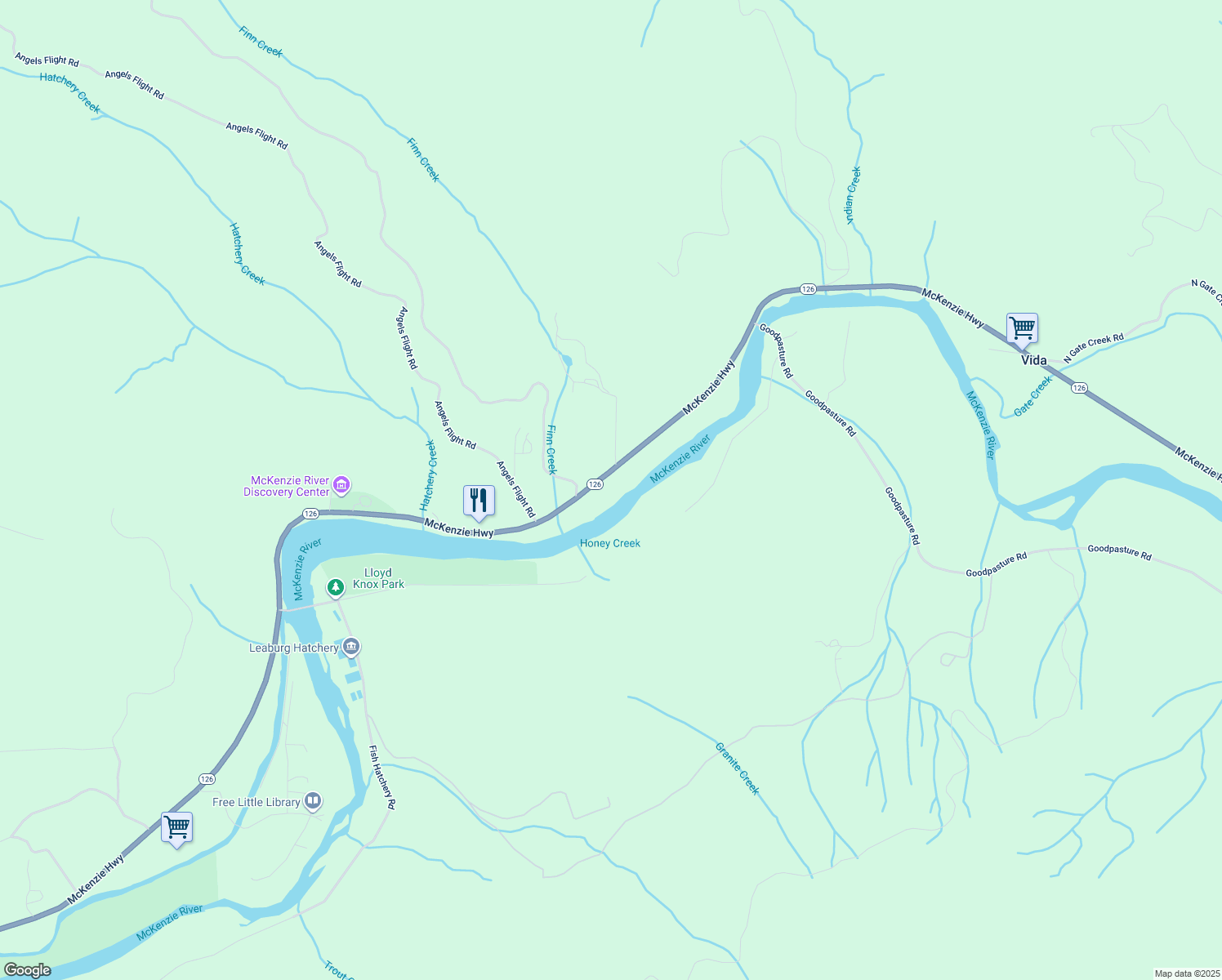 map of restaurants, bars, coffee shops, grocery stores, and more near 45036 McKenzie Highway in Walterville