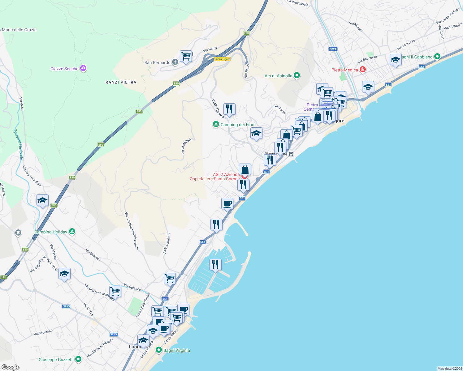 map of restaurants, bars, coffee shops, grocery stores, and more near 156 Via Milano in Pietra Ligure