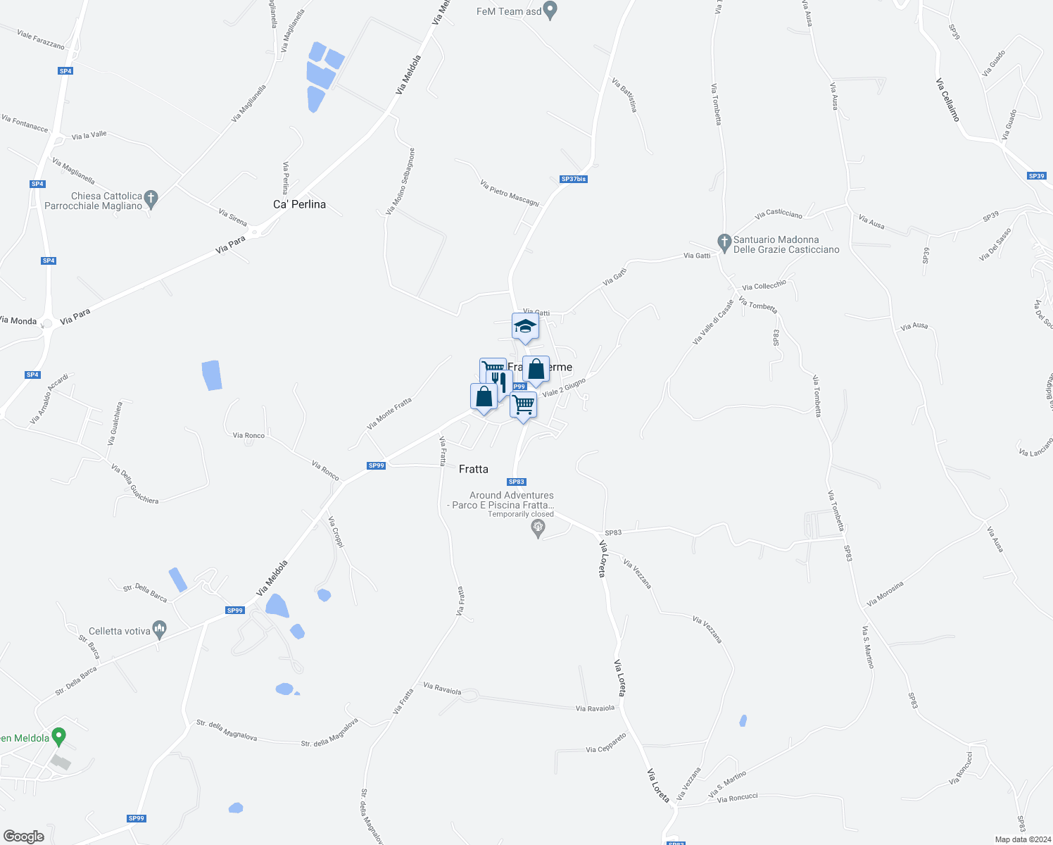 map of restaurants, bars, coffee shops, grocery stores, and more near Strada Provinciale 83 in Fratta Terme