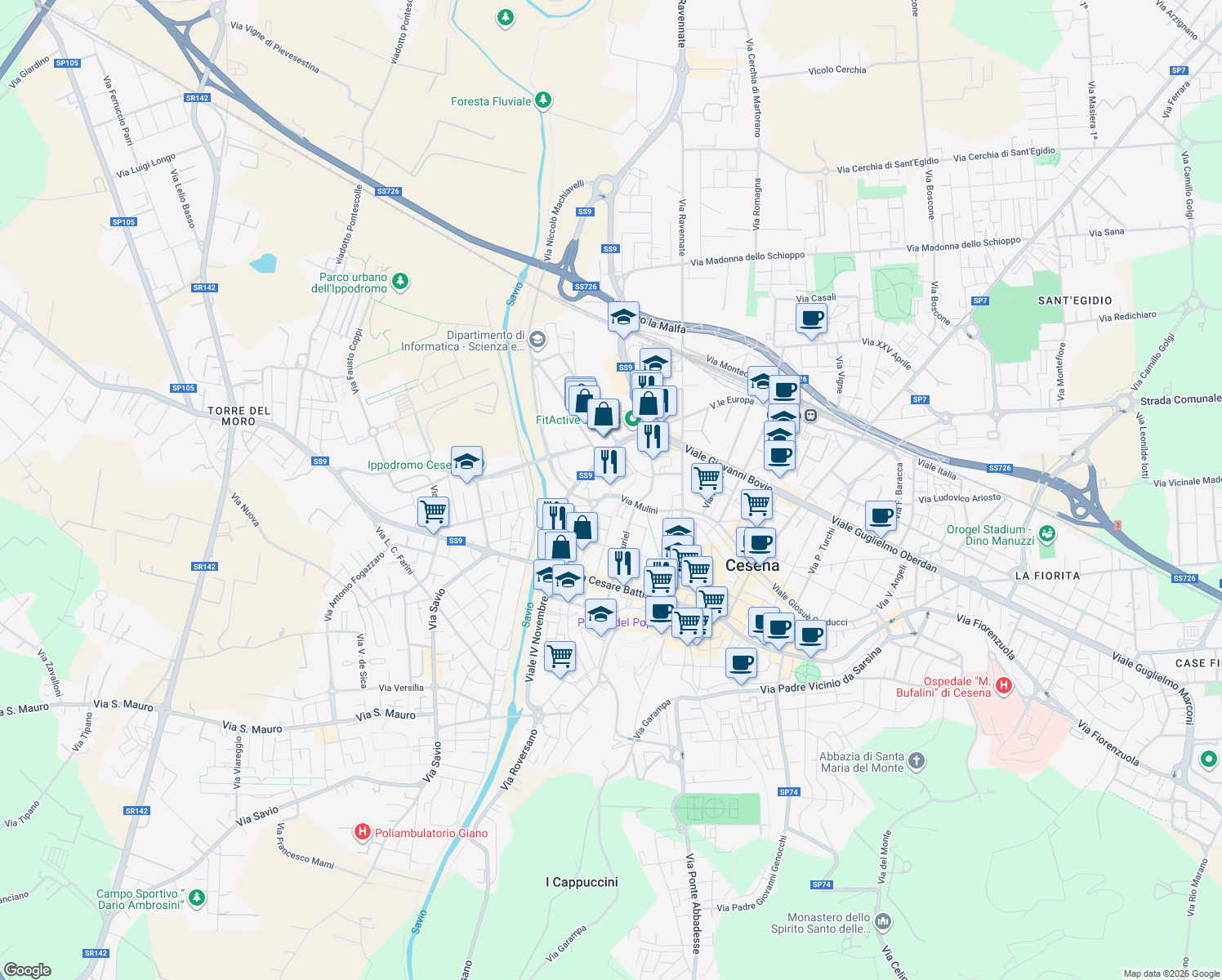 map of restaurants, bars, coffee shops, grocery stores, and more near 22B Via Mulini in Cesena