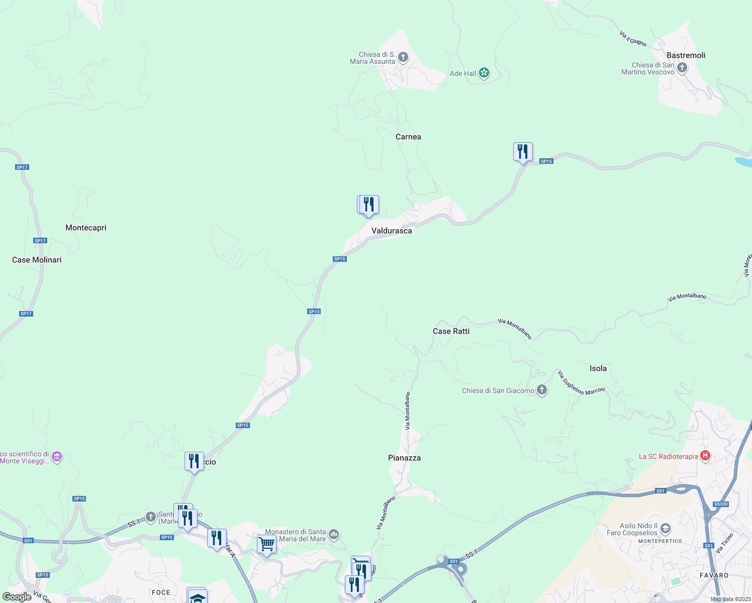 map of restaurants, bars, coffee shops, grocery stores, and more near 34 Via Valdurasca in Provincia della Spezia