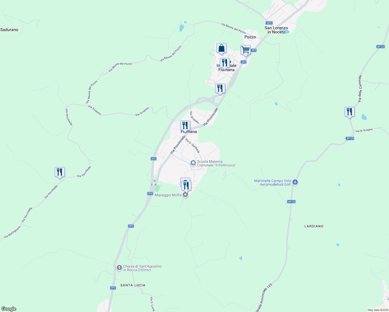map of restaurants, bars, coffee shops, grocery stores, and more near 29 Via G. Garibaldi in Fiumana
