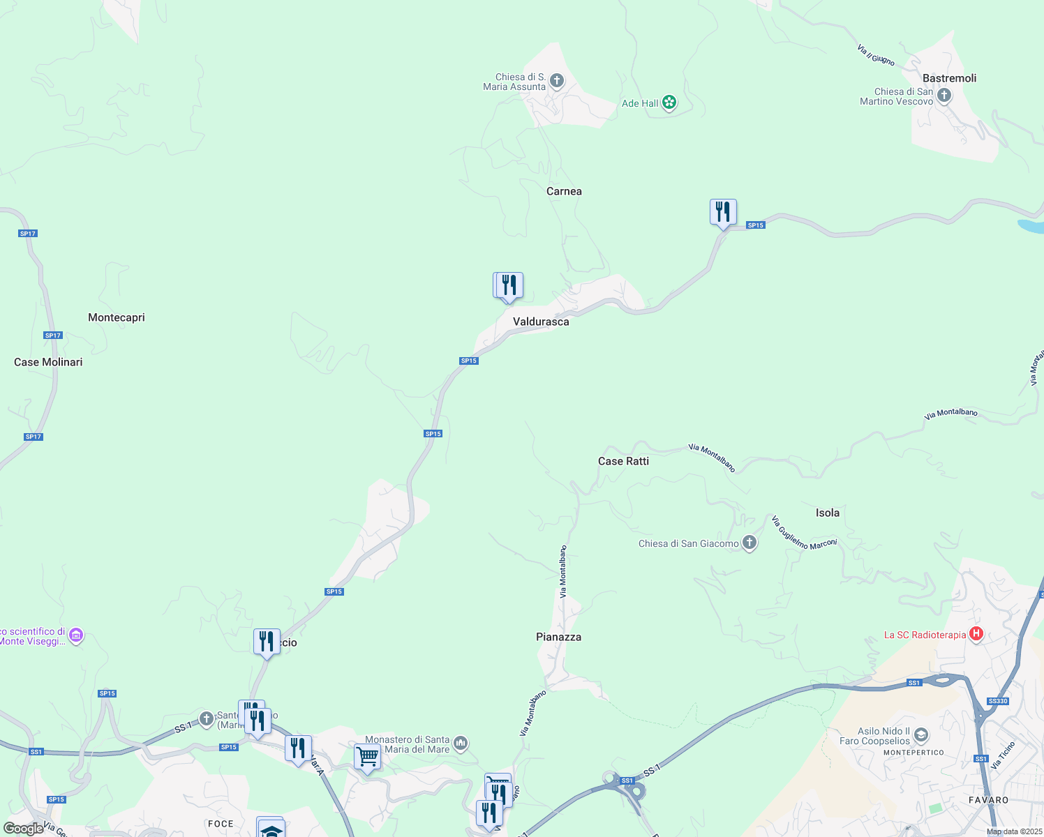 map of restaurants, bars, coffee shops, grocery stores, and more near 34 Via Valdurasca in Provincia della Spezia