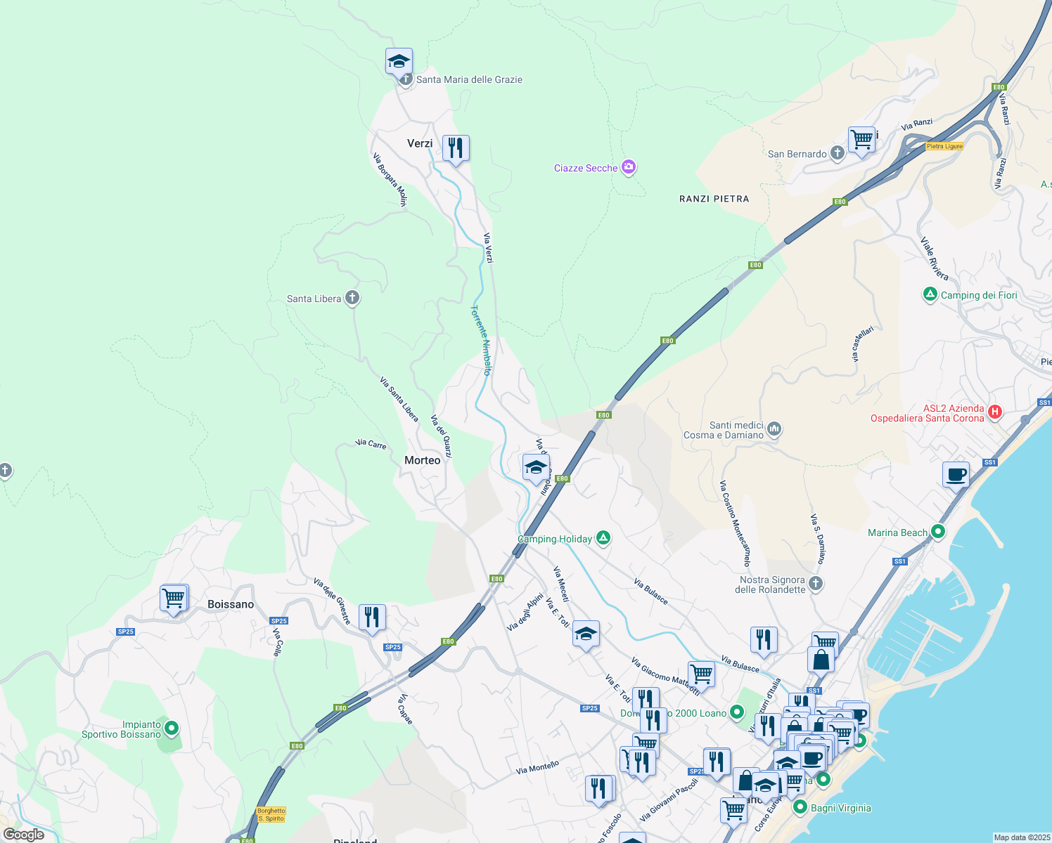 map of restaurants, bars, coffee shops, grocery stores, and more near 68 Via degli Orsolani in Loano